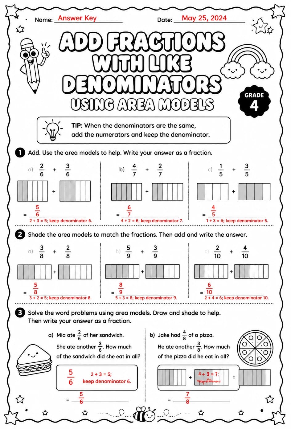 Answer key for Add fractions with like denominators using area models — free printable Math worksheet