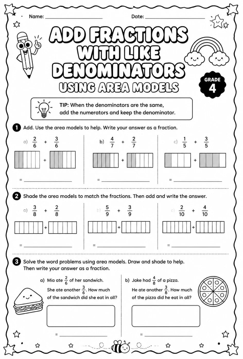 Add fractions with like denominators using area models — free printable Grade 4 math worksheet