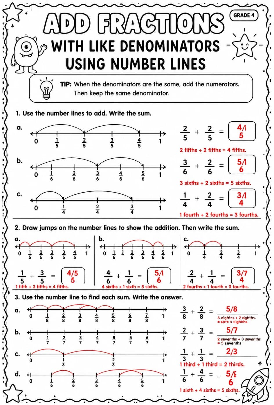 Answer key for Add fractions with like denominators using number lines — free printable Math worksheet