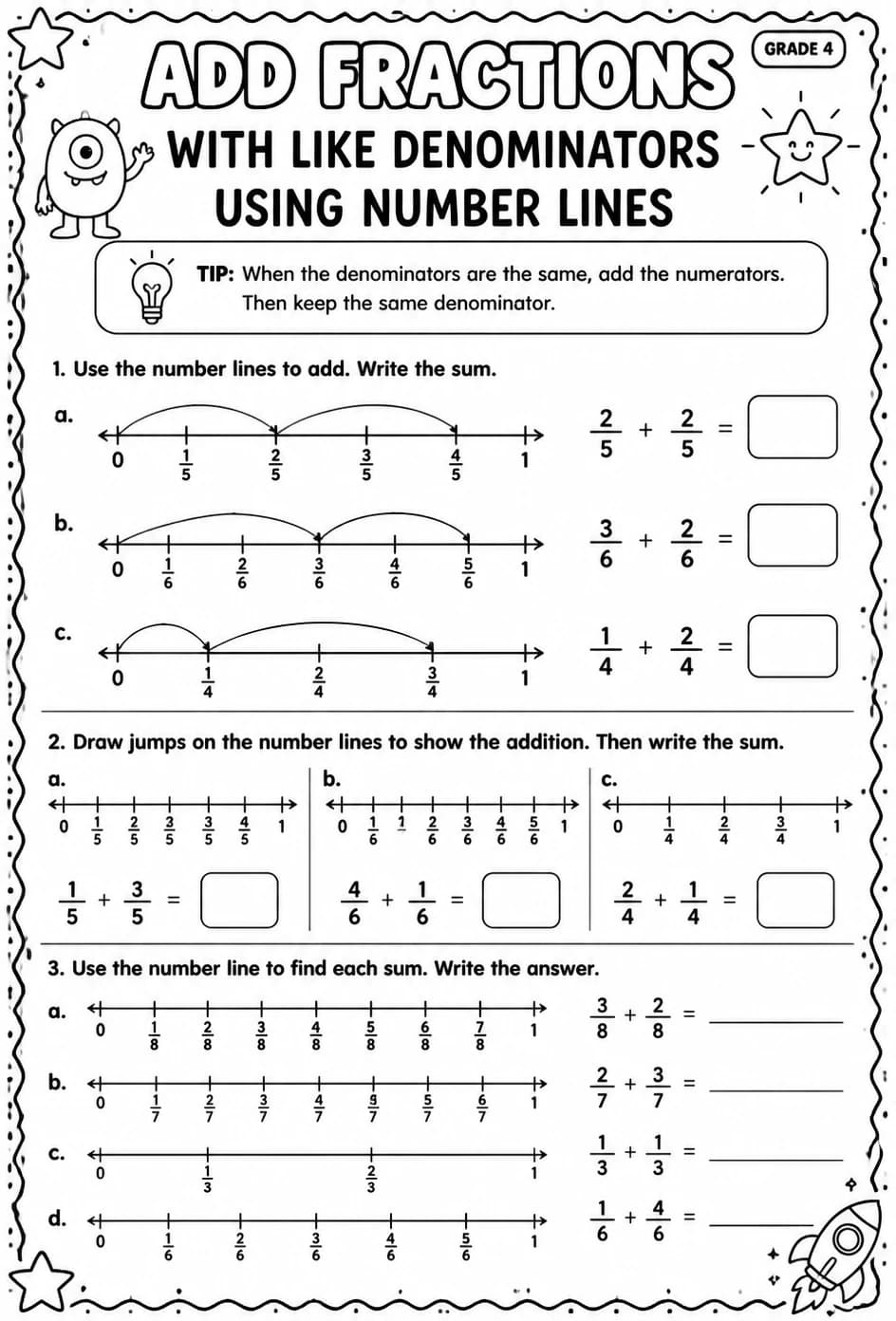 Add fractions with like denominators using number lines — free printable Grade 4 math worksheet