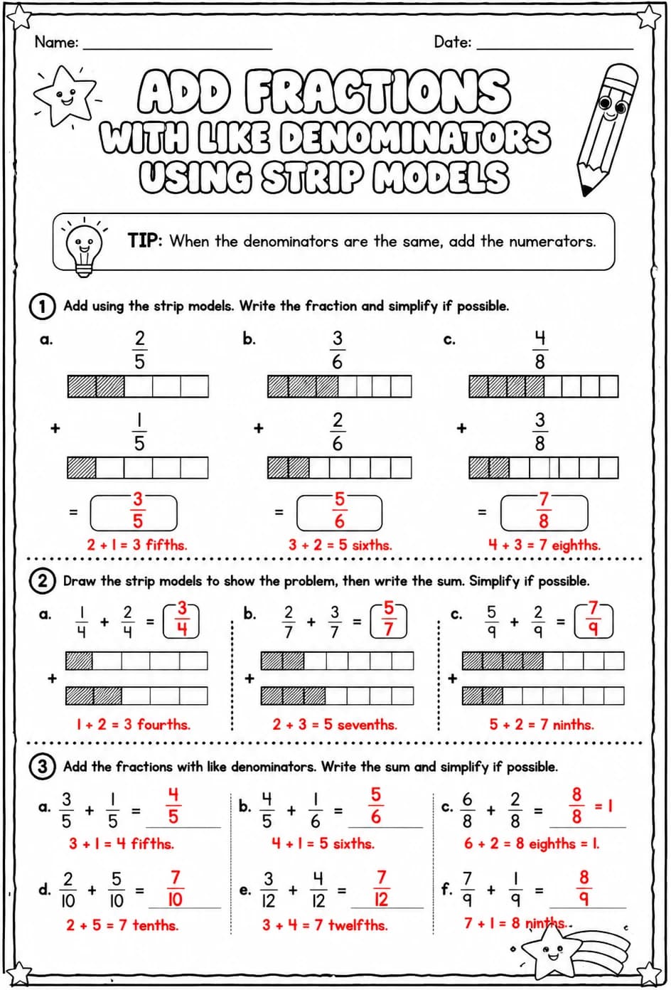 Answer key for Add fractions with like denominators using strip models — free printable Math worksheet