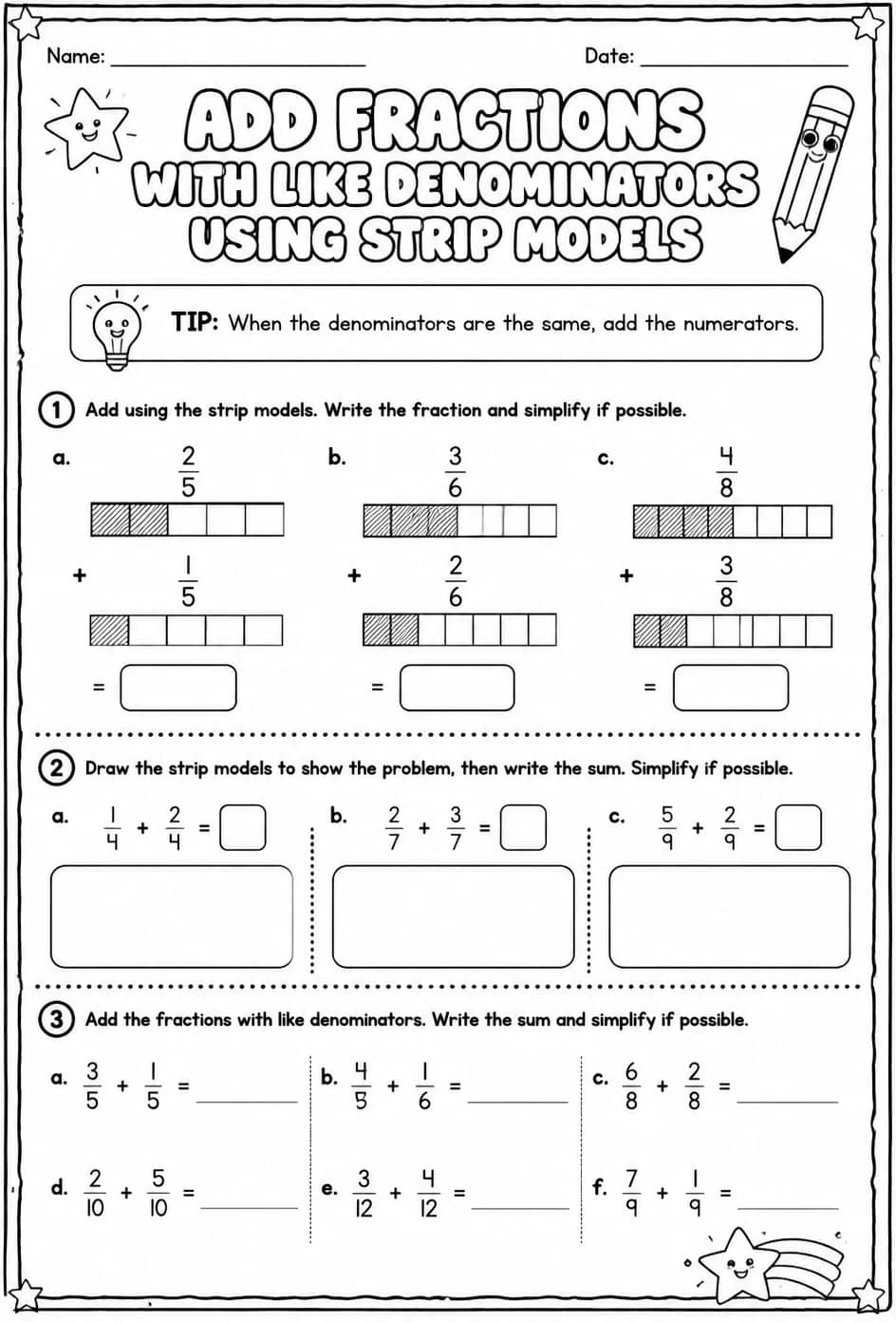 Add fractions with like denominators using strip models — free printable Grade 4 math worksheet