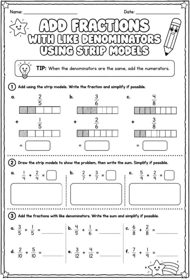 Add fractions with like denominators using strip models