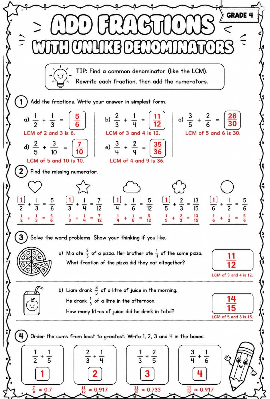 Answer key for Add fractions with unlike denominators — free printable Math worksheet