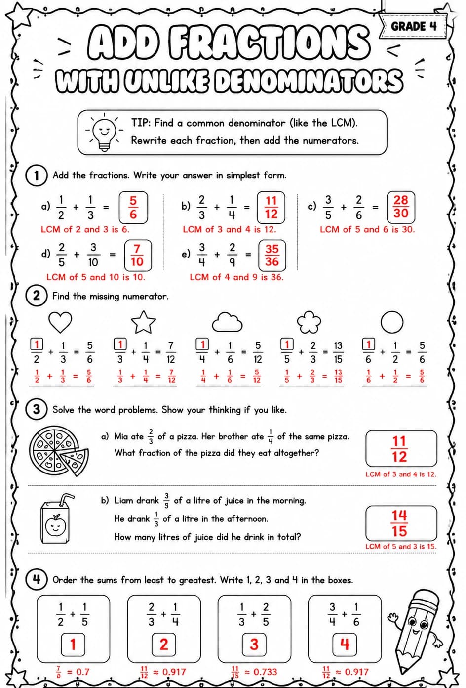 Answer key for Add fractions with unlike denominators — free printable Math worksheet