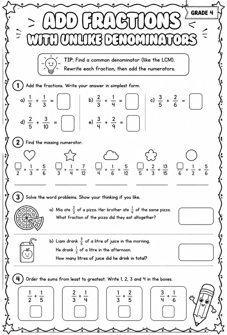 Add fractions with unlike denominators — free printable Grade 4 math worksheet