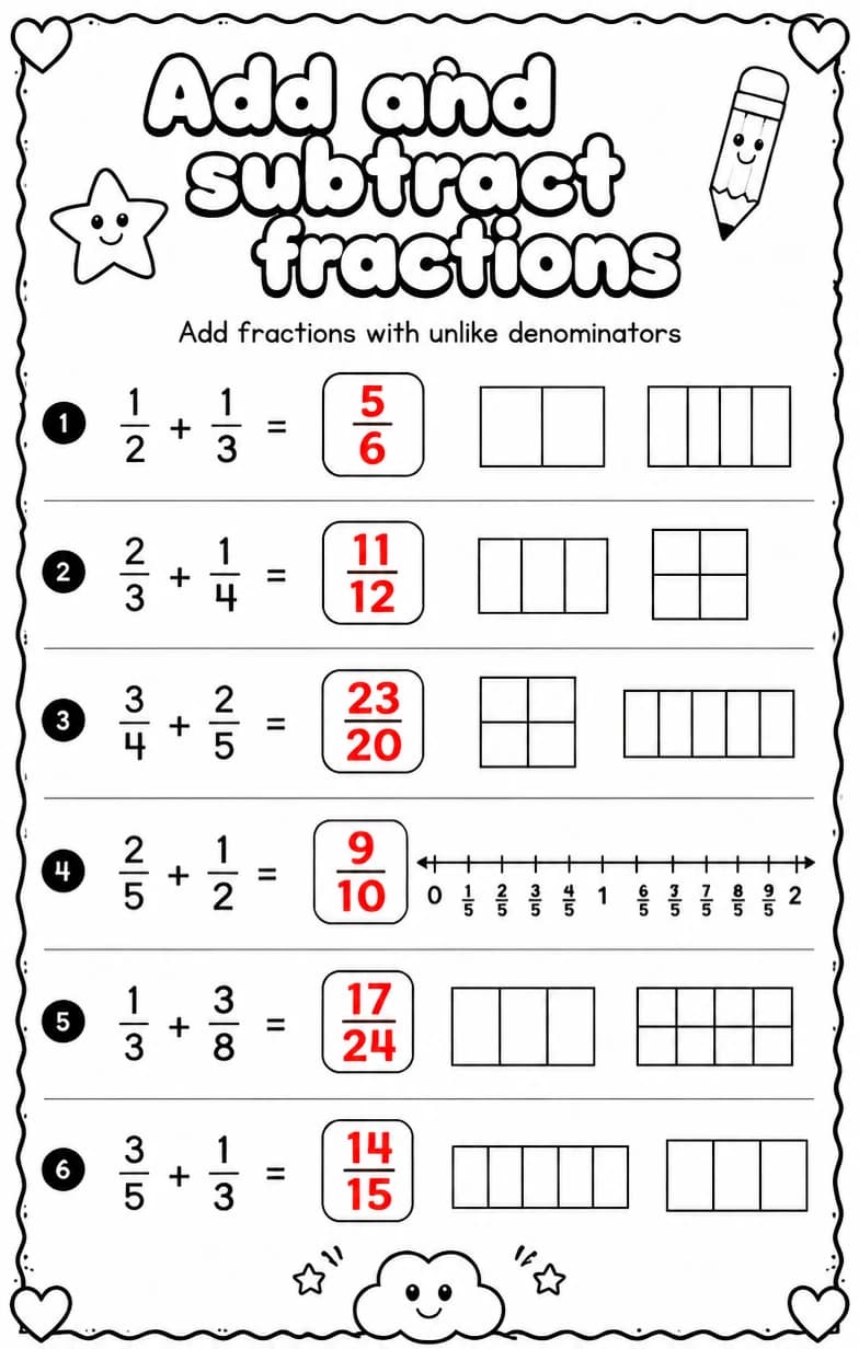 Answer key for Add fractions with unlike denominators — free printable Math worksheet