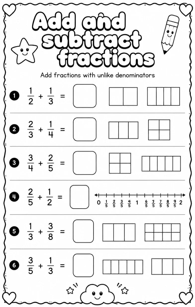 Add fractions with unlike denominators — free printable Grade 5 Math worksheet