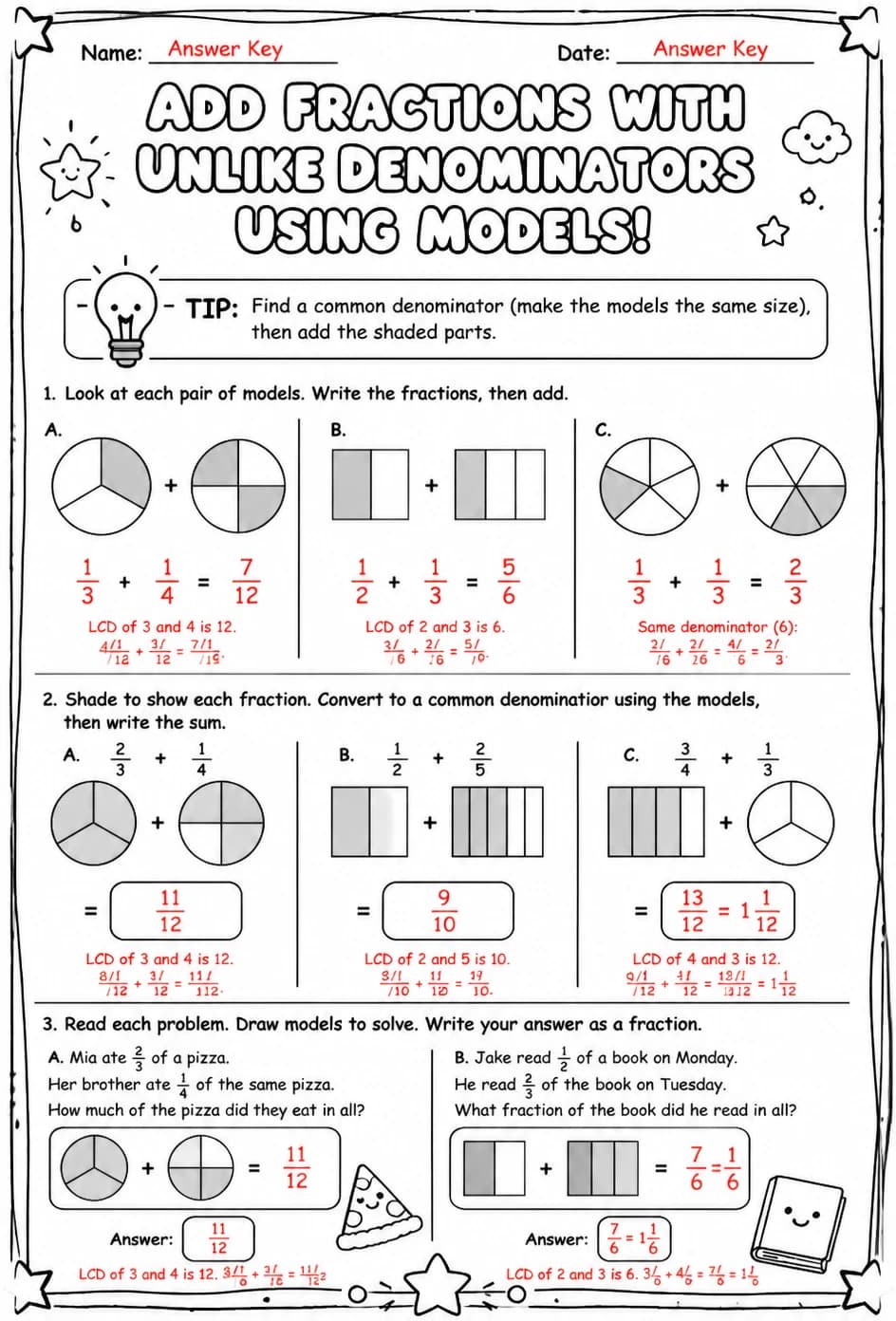 Answer key for Add fractions with unlike denominators using models — free printable Math worksheet