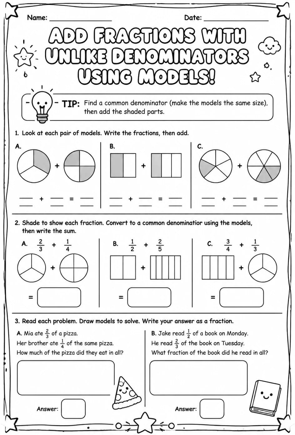 Add fractions with unlike denominators using models — free printable Grade 4 math worksheet