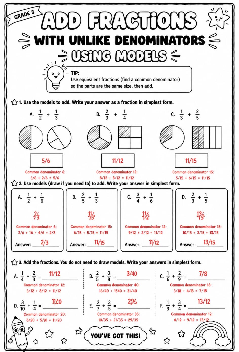Answer key for Add fractions with unlike denominators using models — free printable Math worksheet