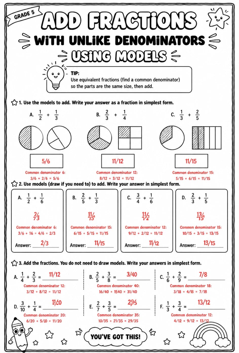 Answer key for Add fractions with unlike denominators using models — free printable Math worksheet