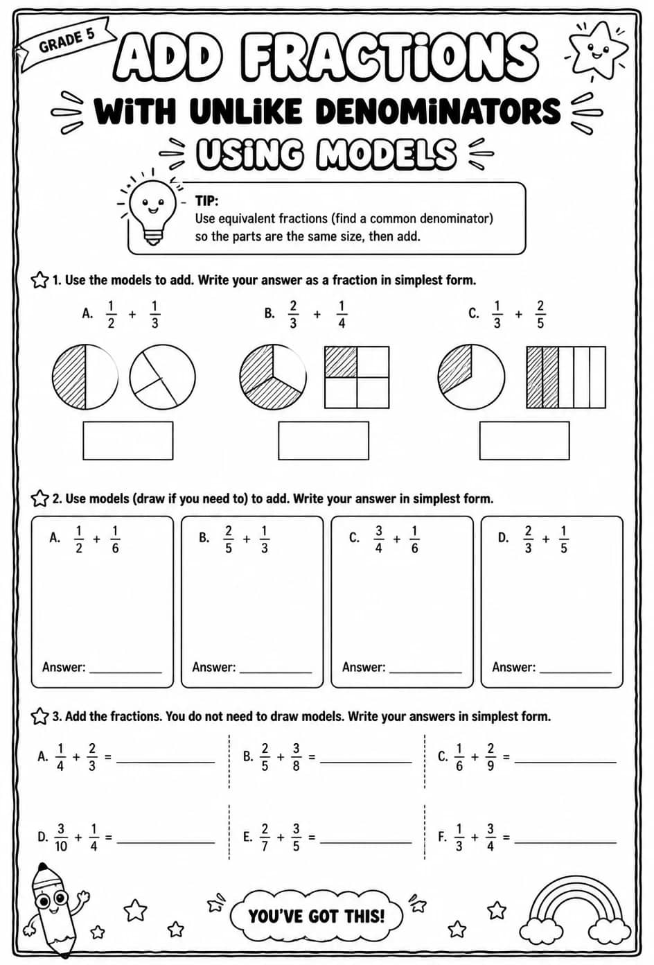 Add fractions with unlike denominators using models — free printable Grade 5 math worksheet