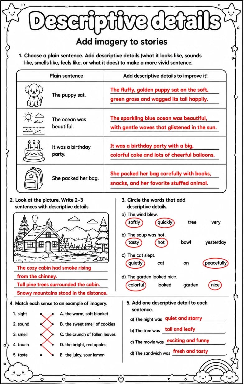 Answer key for Add imagery to stories — free printable English & Reading worksheet