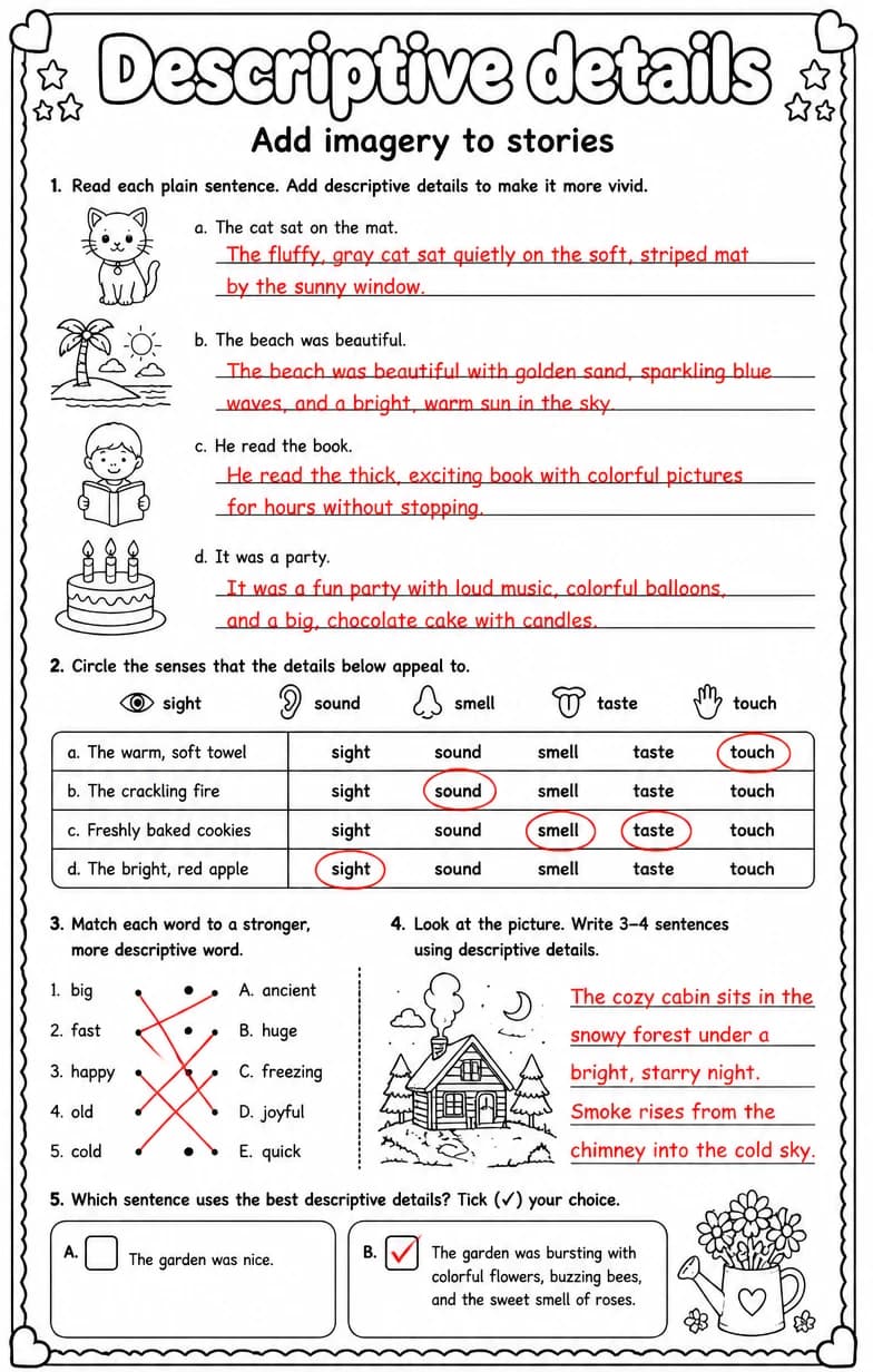 Answer key for Add imagery to stories — free printable English & Reading worksheet