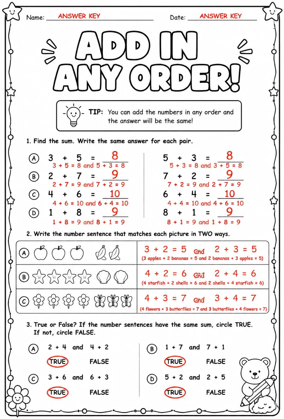 Answer key for Add in any order — free printable Math worksheet