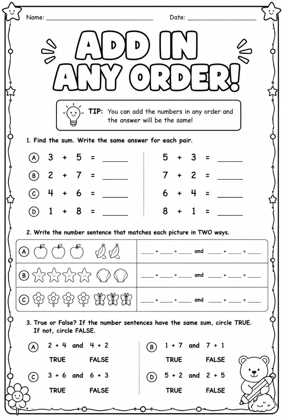 Add in any order — free printable Grade 1 math worksheet