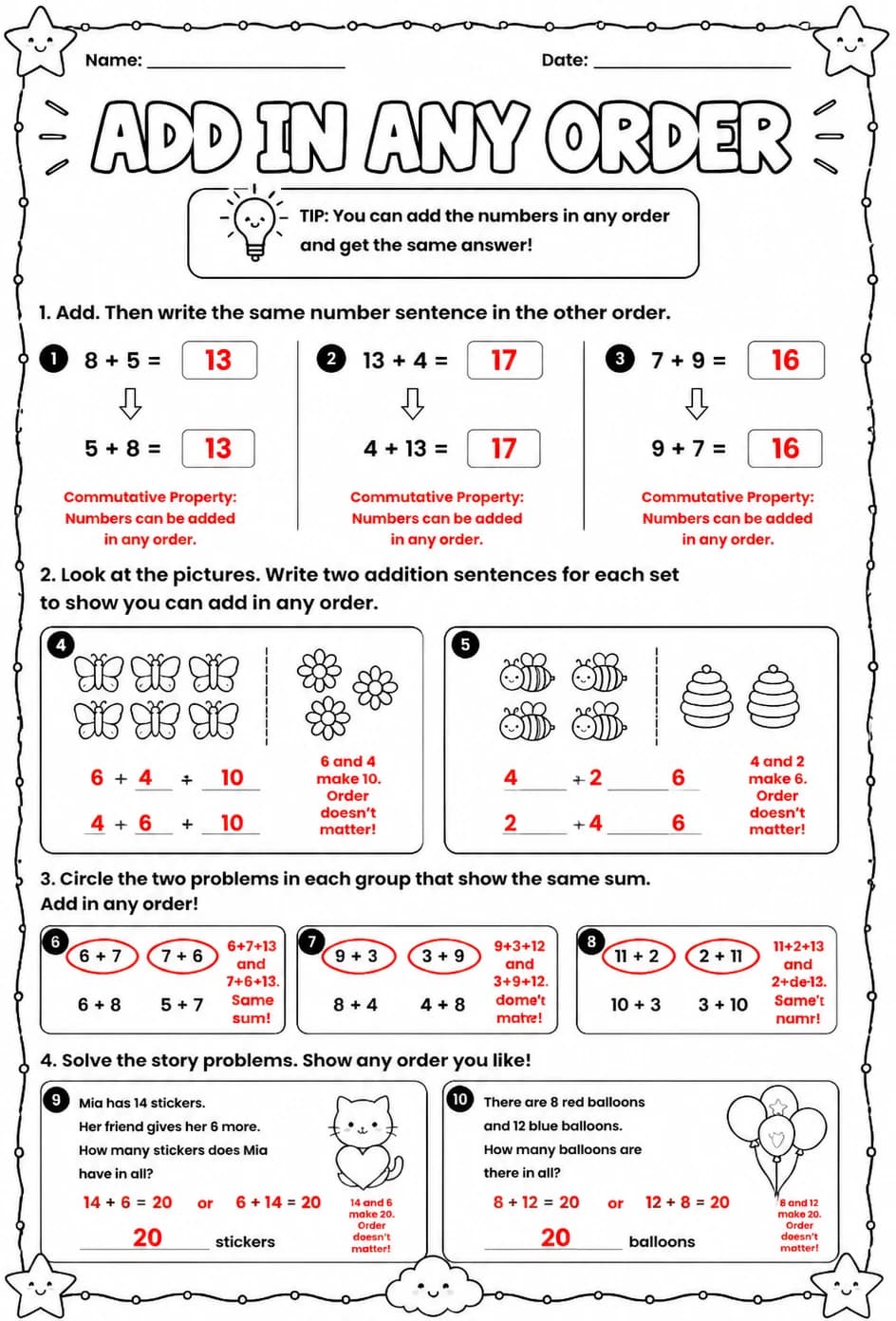Answer key for Add in any order — free printable Math worksheet