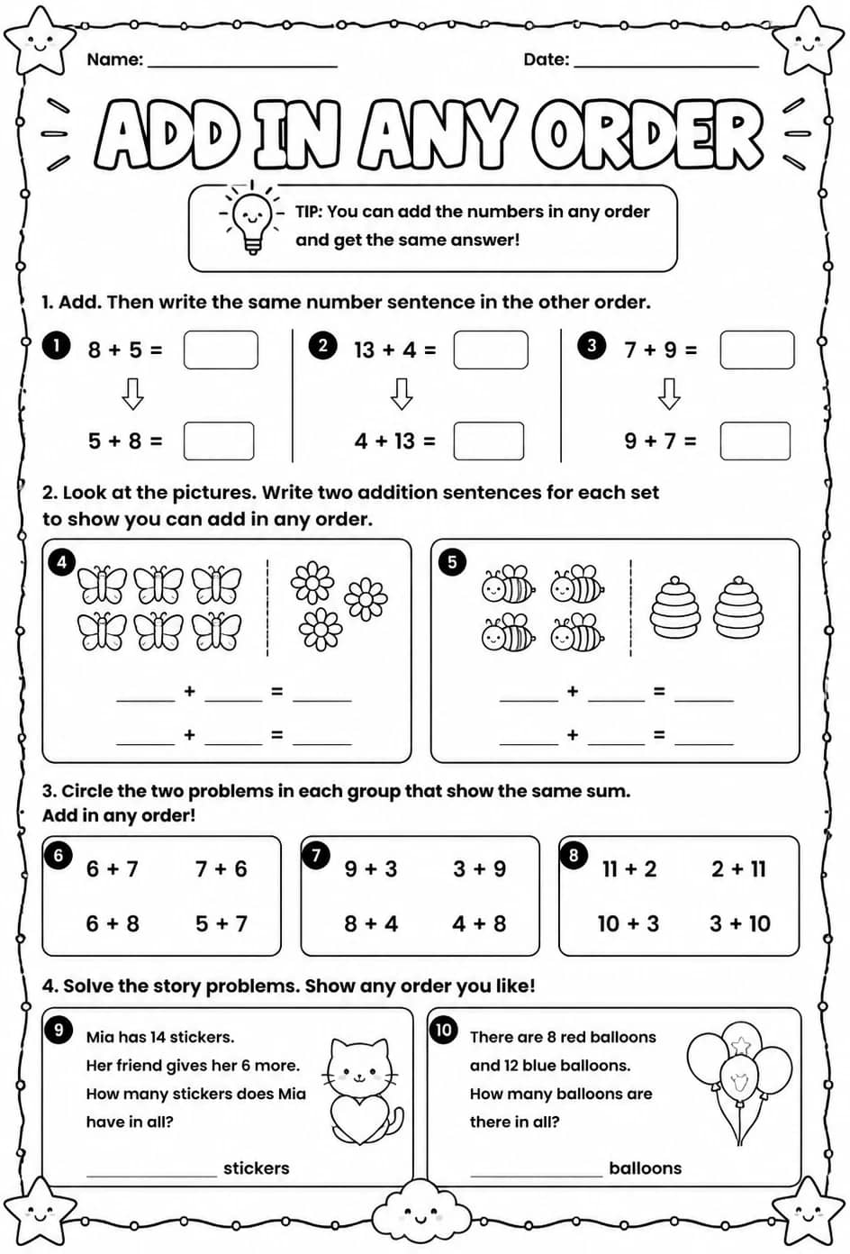 Add in any order — free printable Grade 2 math worksheet