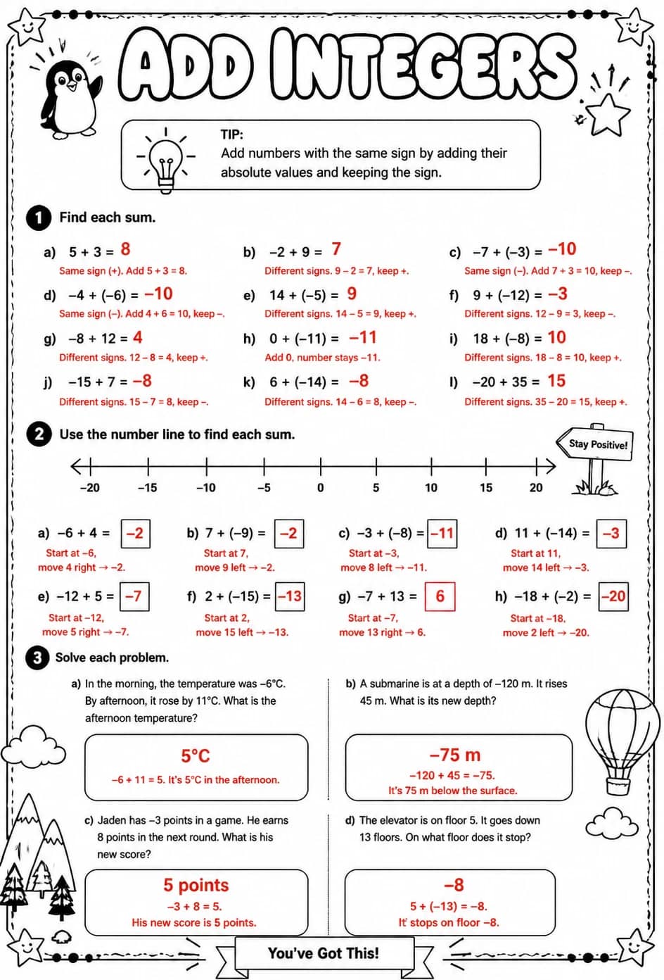 Answer key for Add integers — free printable Math worksheet