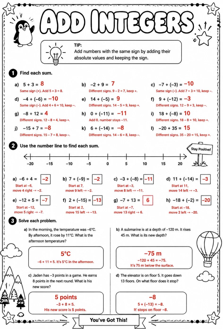 Answer key for Add integers — free printable Math worksheet