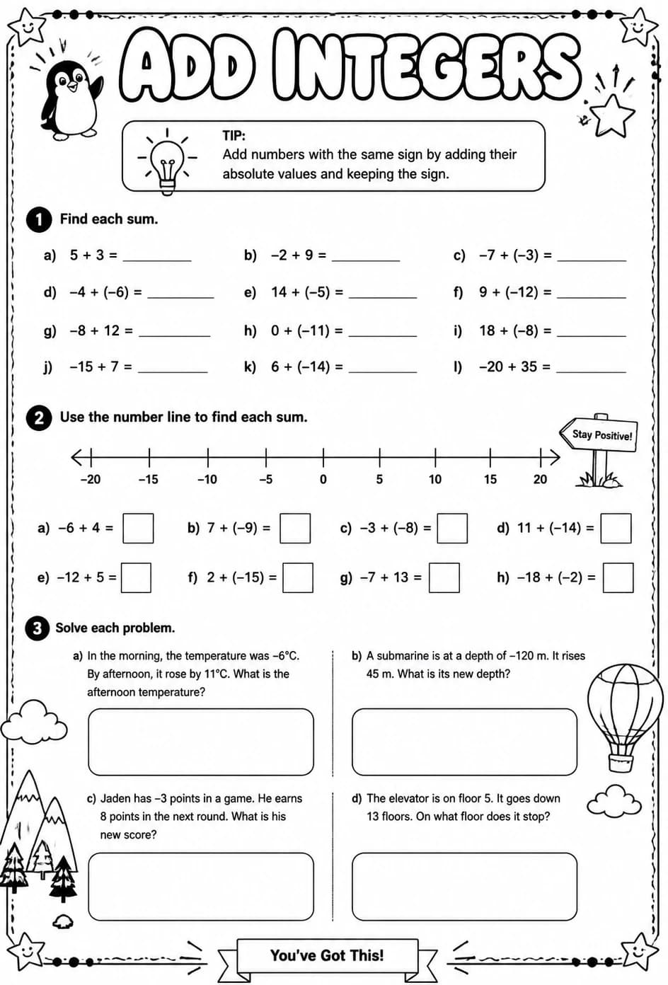 Add integers — free printable Grade 6 math worksheet