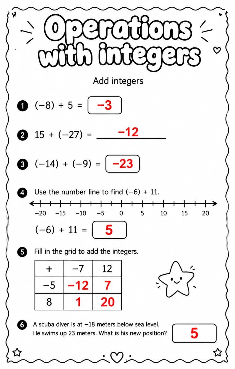 Answer key for Add integers — free printable Math worksheet