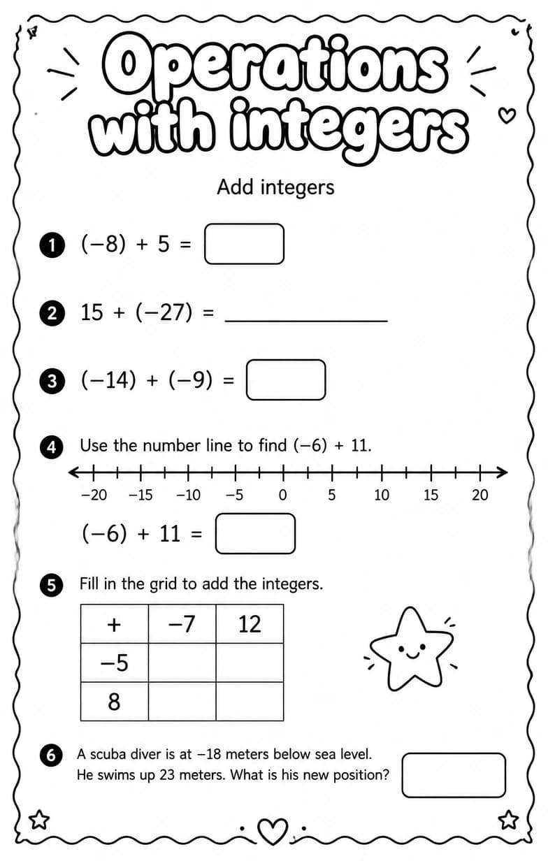 Add integers — free printable Grade 7 math worksheet