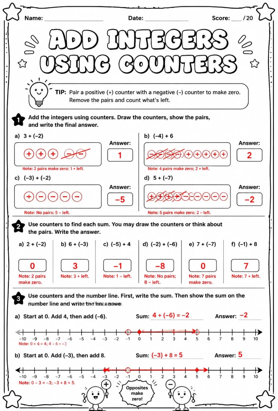 Answer key for Add integers using counters — free printable Math worksheet