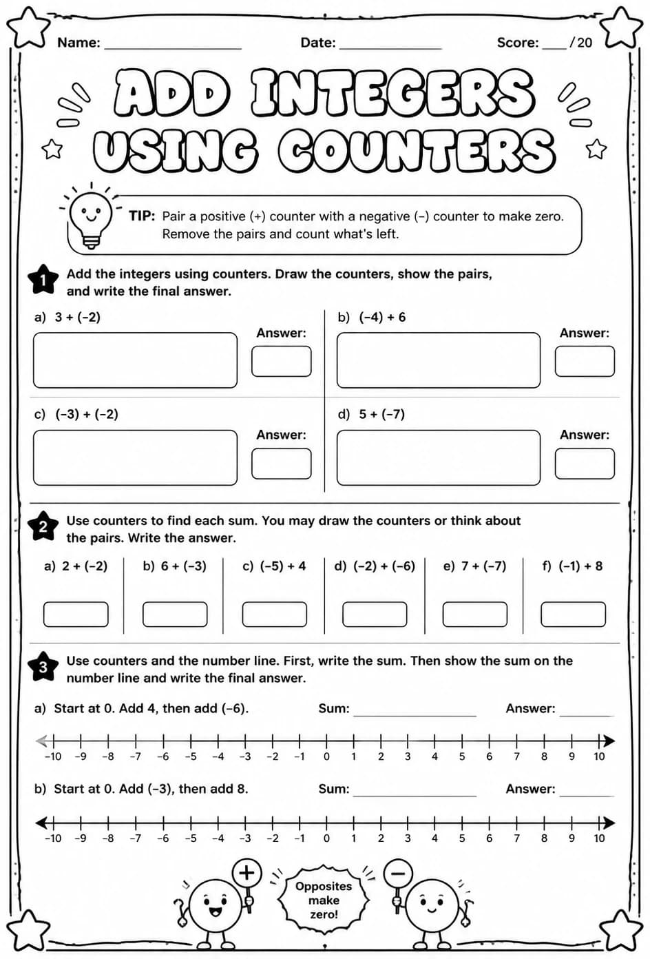 Add integers using counters — free printable Grade 6 math worksheet