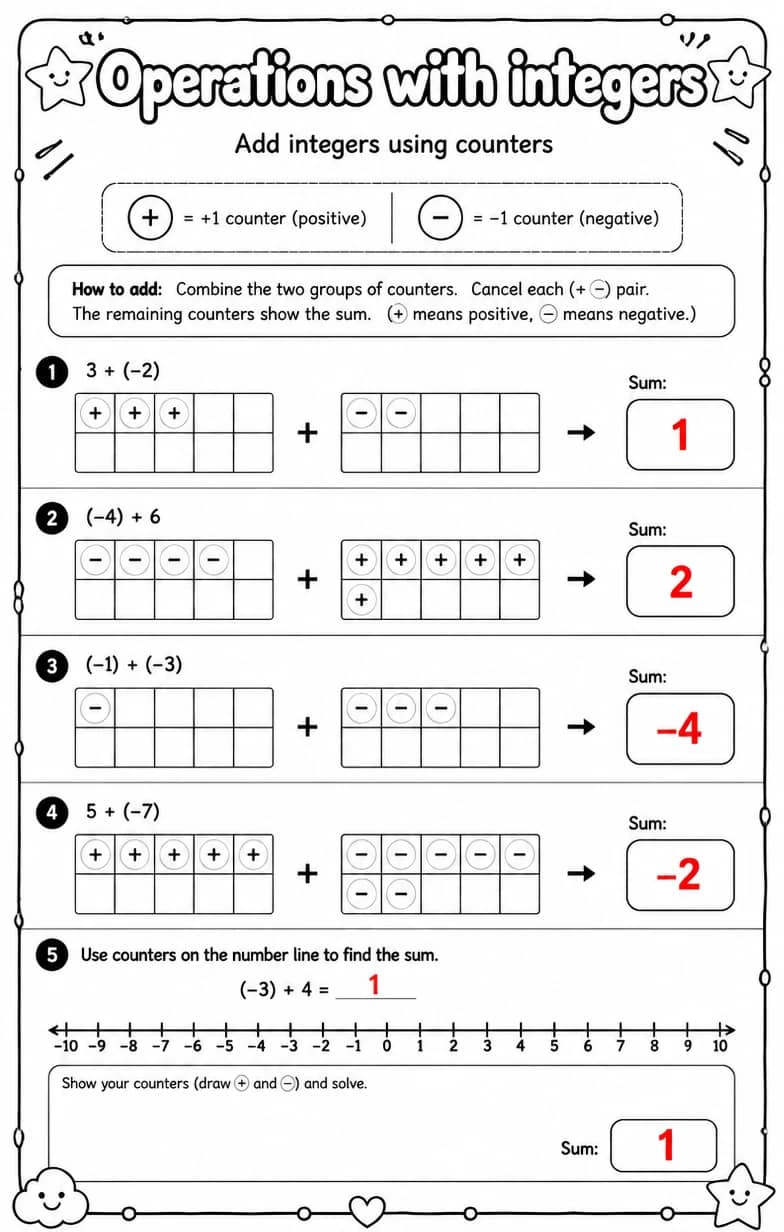 Answer key for Add integers using counters — free printable Math worksheet