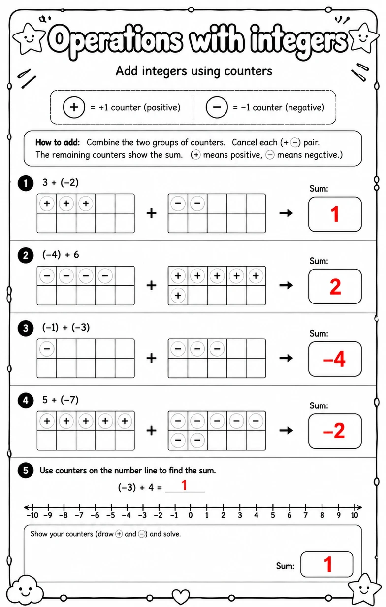 Answer key for Add integers using counters — free printable Math worksheet