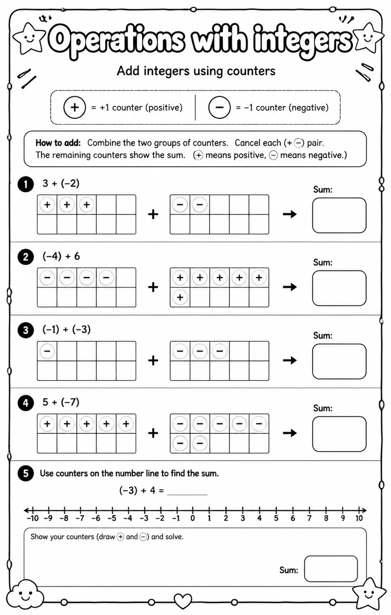Add integers using counters — free printable Grade 7 math worksheet