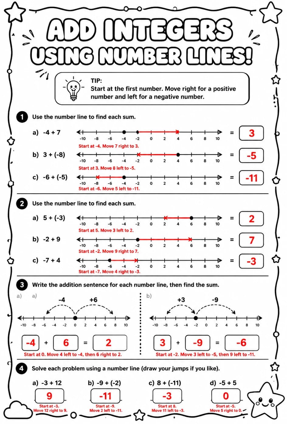 Answer key for Add integers using number lines — free printable Math worksheet