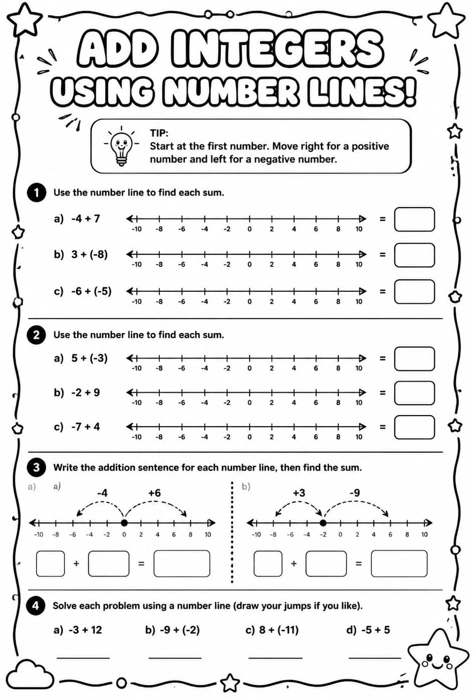 Add integers using number lines — free printable Grade 6 math worksheet