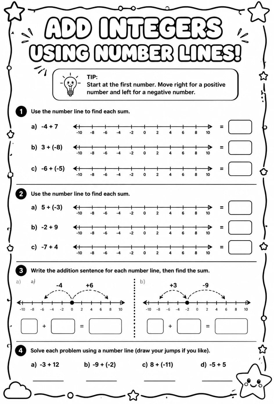 Add integers using number lines — free printable Grade 6 math worksheet