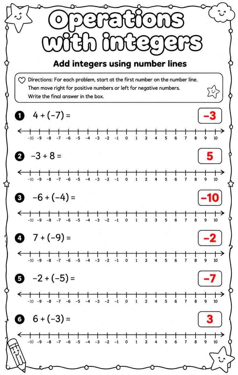 Answer key for Add integers using number lines — free printable Math worksheet