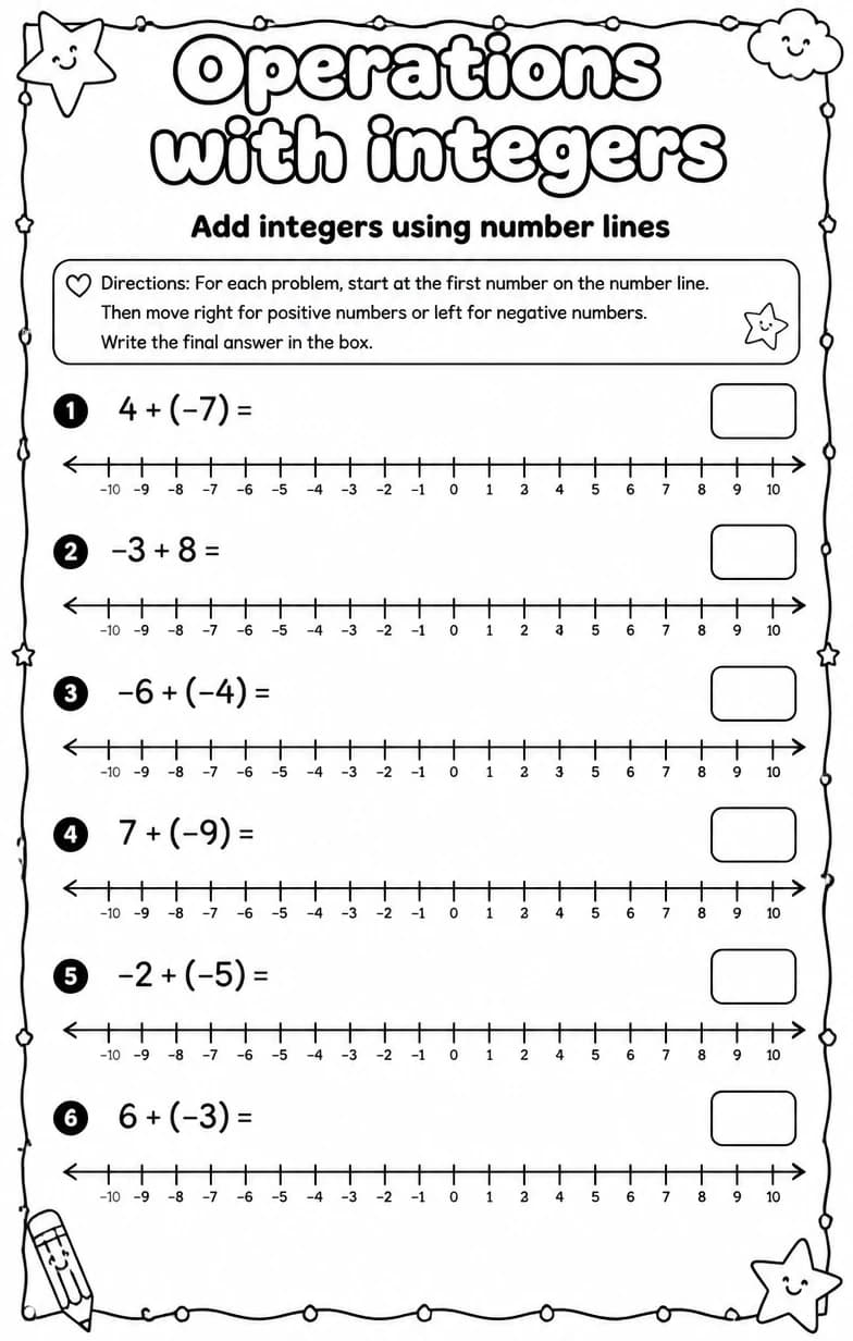 Add integers using number lines — free printable Grade 7 math worksheet