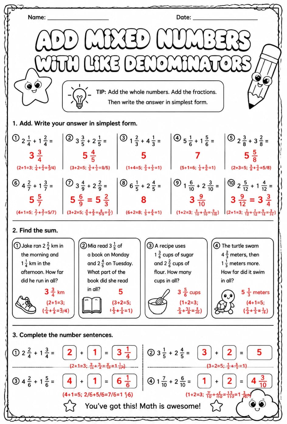 Answer key for Add mixed numbers with like denominators — free printable Math worksheet