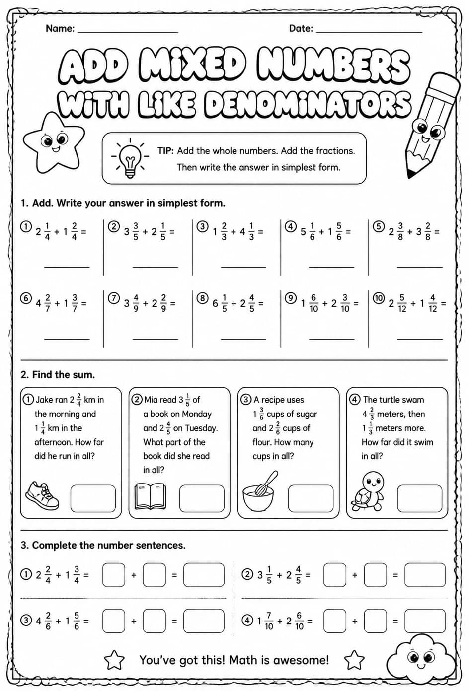 Add mixed numbers with like denominators — free printable Grade 4 math worksheet