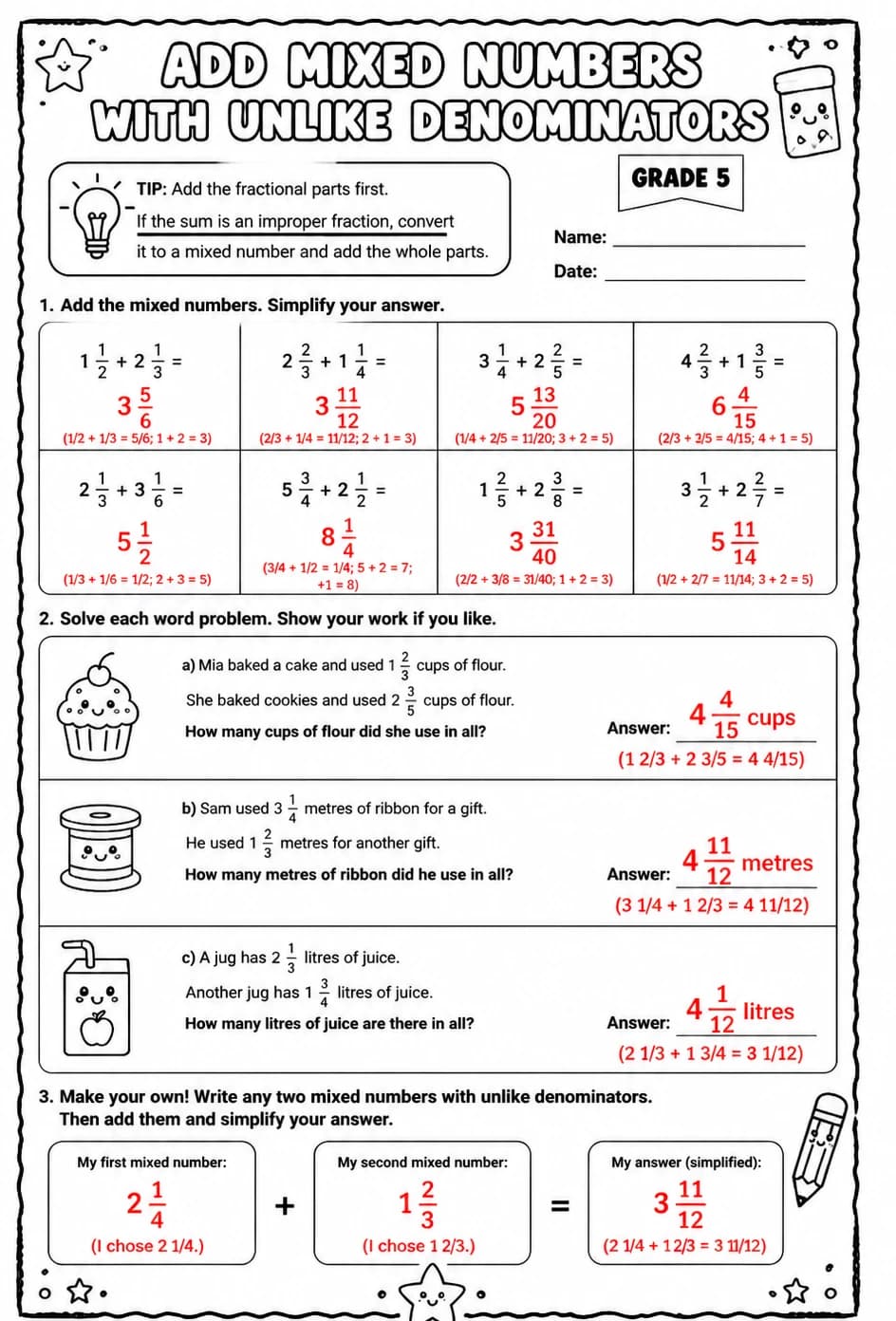 Answer key for Add mixed numbers with unlike denominators — free printable Math worksheet