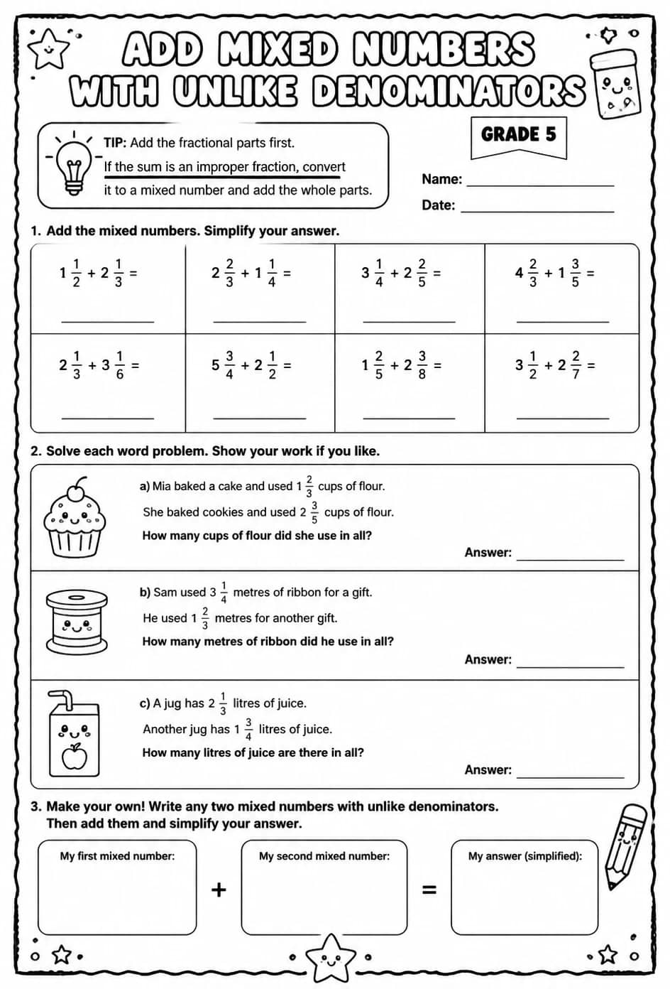 Add mixed numbers with unlike denominators — free printable Grade 5 math worksheet
