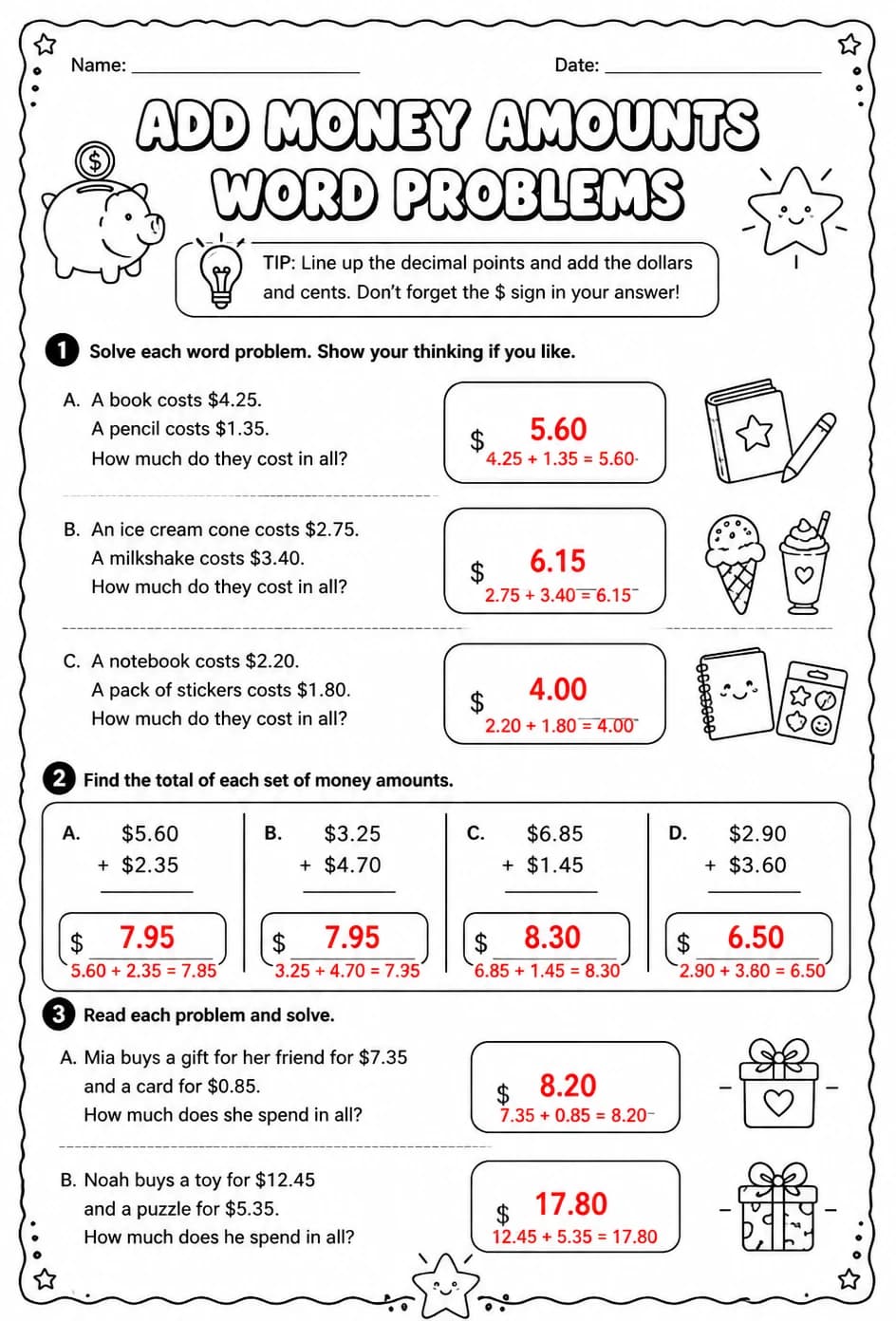 Answer key for Add money amounts - word problems — free printable Math worksheet