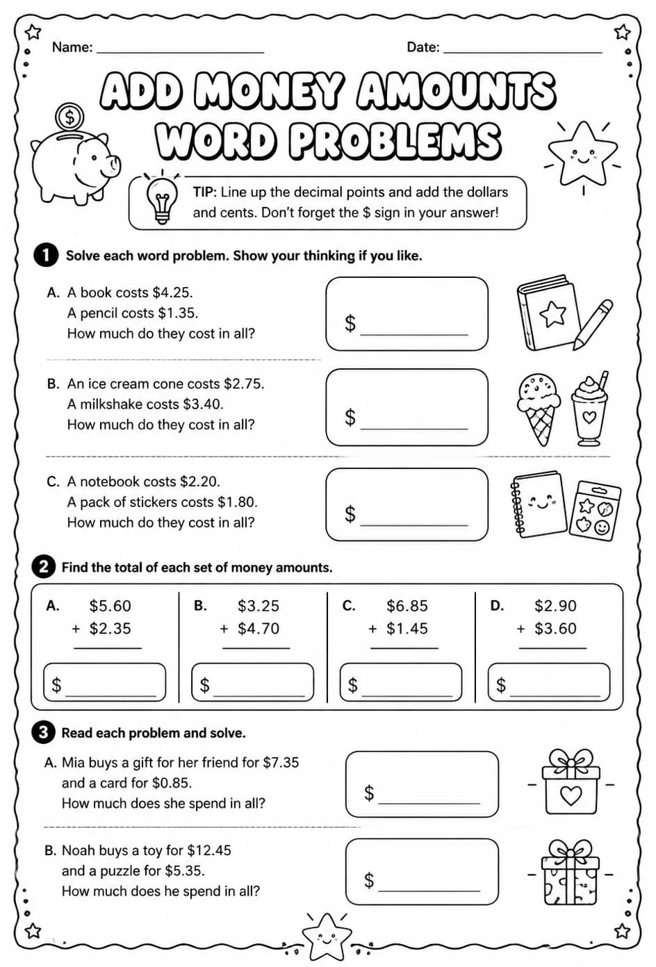 Add money amounts - word problems — free printable Grade 3 math worksheet