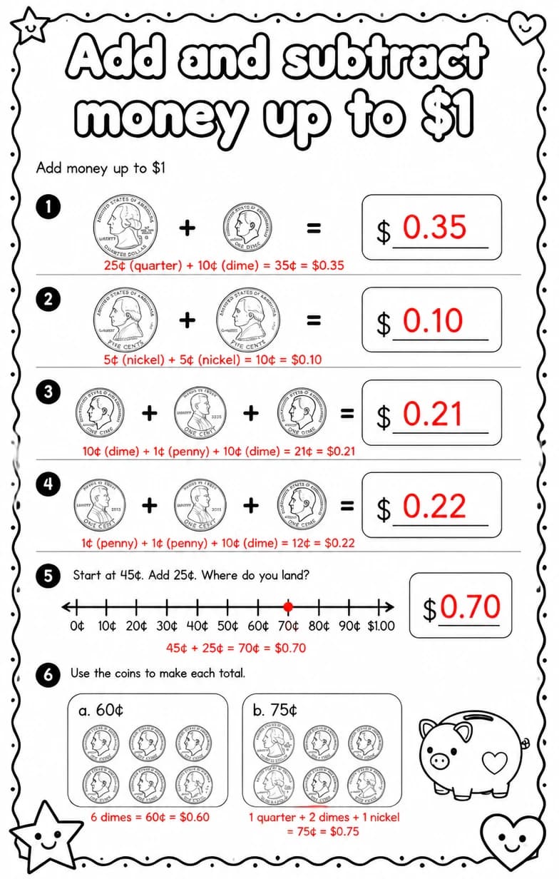 Answer key for Add money up to $1 — free printable Math worksheet