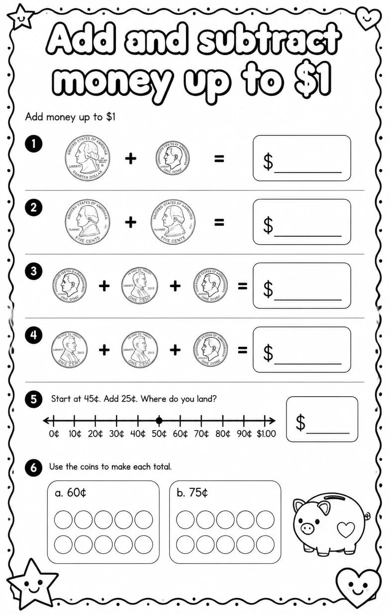 Add money up to $1 — free printable Grade 2 Math worksheet