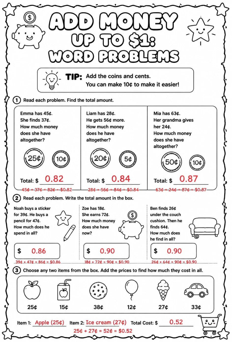 Answer key for Add money up to $1: word problems — free printable Math worksheet