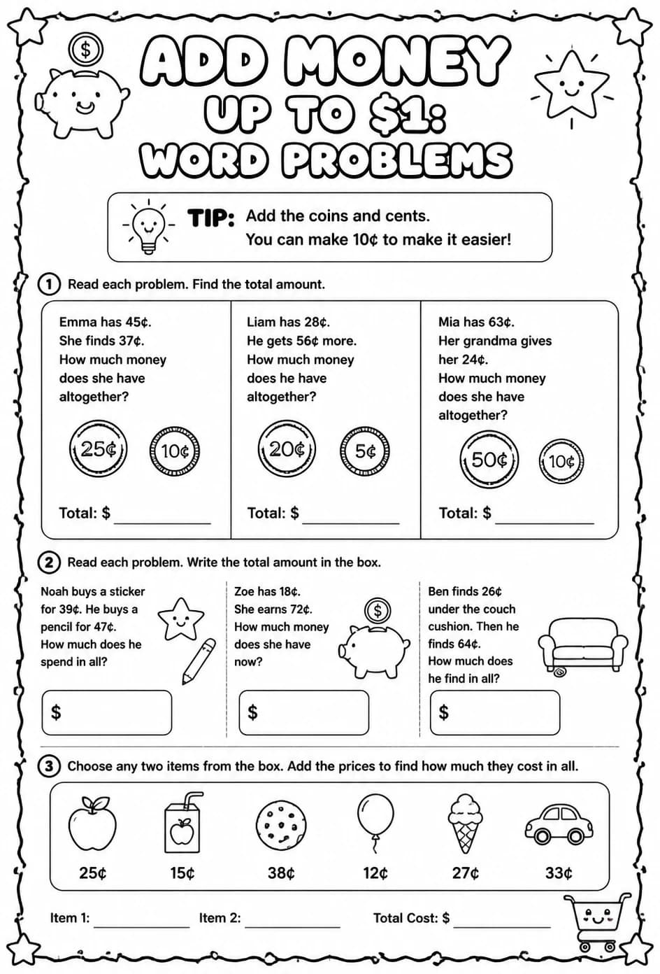 Add money up to $1: word problems — free printable Grade 2 math worksheet