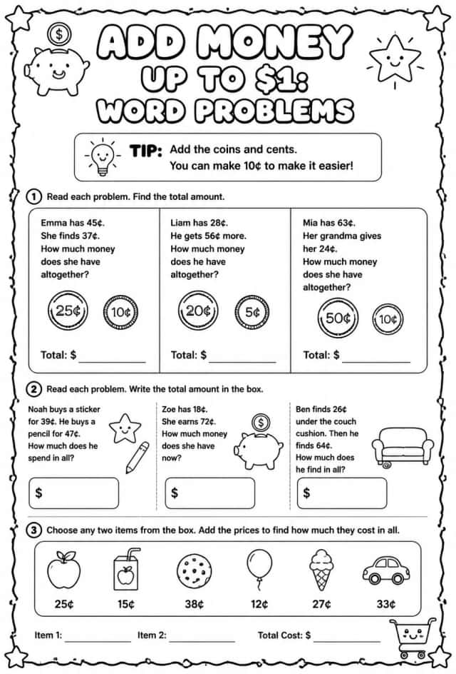 Add money up to $1: word problems