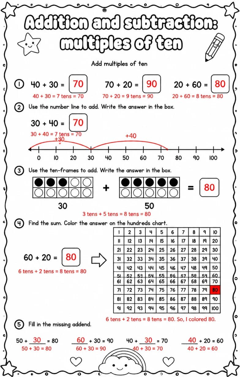 Answer key for Add multiples of ten — free printable Math worksheet